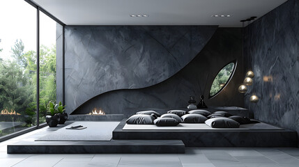 A minimalist black and white bedroom with geometric decor. Interior design. Created with generative AI.