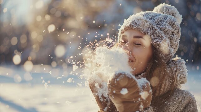 Beauty Winter Girl Blowing Snow in frosty winter Park. Outdoors. Flying Snowflakes. Sunny day. Backlit. Joyful Beauty young woman Having Fun in Winter Park. Defocused