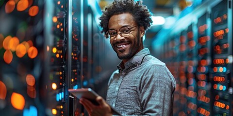 Man working in server room checking and maintaining technology professional scene of network computing and connectivity showcasing expert technician care of server hardware and data storage systems