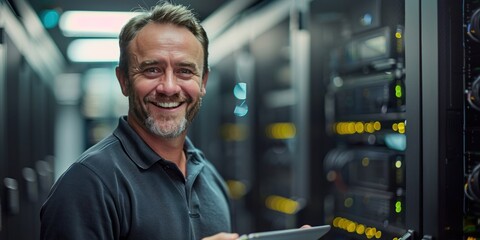 Man working in server room checking and maintaining technology professional scene of network computing and connectivity showcasing expert technician care of server hardware and data storage systems