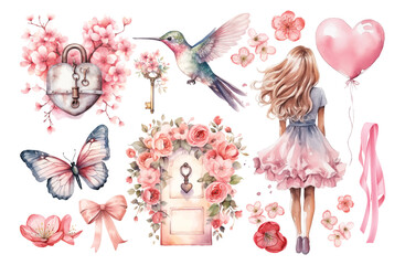 Watercolor bird, butterfly, woman and flowers Valentines day illustration © EvgeniiasArt