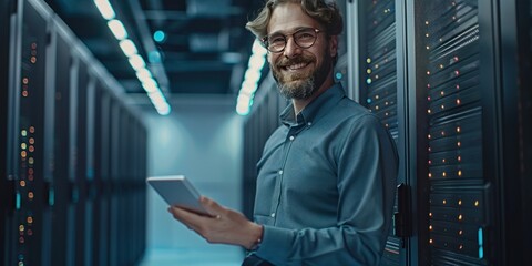 Man working in server room checking and maintaining technology professional scene of network computing and connectivity showcasing expert technician care of server hardware and data storage systems