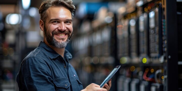 Man working in server room checking and maintaining technology professional scene of network computing and connectivity showcasing expert technician care of server hardware and data storage systems