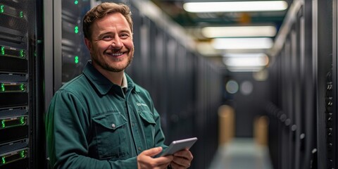 Man working in server room checking and maintaining technology professional scene of network computing and connectivity showcasing expert technician care of server hardware and data storage systems