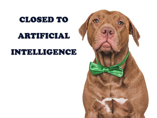 Cute dog and inscription about artificial intelligence. Close-up, indoors. Studio shot. Pets care...