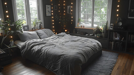 A cozy black and white bedroom with monochromatic decor. Interior design. Created with generative AI.