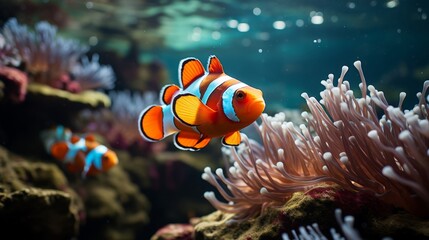 Fototapeta na wymiar Anemone housing a clownfish, vibrant colors of the anemone against the ocean floor, the symbiotic relationship between species, Photorealistic, marine ecosystem
