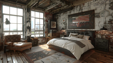 A contemporary black and white bedroom with industrial elements. Interior design. Created with generative AI.