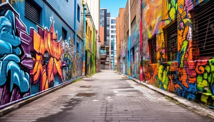 Deurstickers Narrow street in the city, full of colorful painted murals and graffiti © Ruslan Gilmanshin