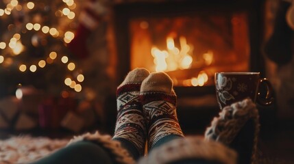 Feet in wool socks warming by cozy fire - obrazy, fototapety, plakaty
