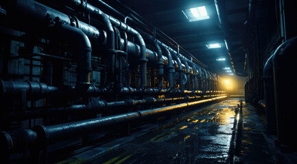 Underground maintenance tunnel corridor hallway passage with pipes on wall