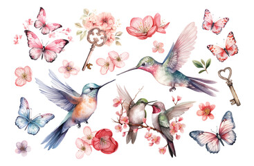 Watercolor hummingbirds birds, butterflies and flowers Valentines day illustration