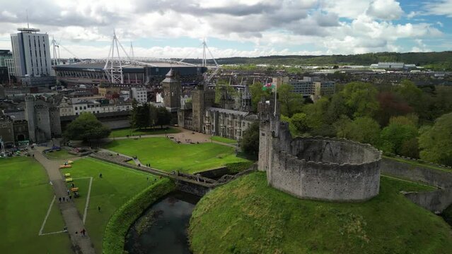 Aerial and drone view of Cardiff castle, Wales, UK