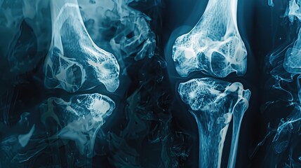 Osteoarthritis (OA) knee . film x-ray AP ( anterior - posterior ) and lateral view of knee show narrow joint space, osteophyte ( spur ), subchondral sclerosis, knee joint inflammation - obrazy, fototapety, plakaty