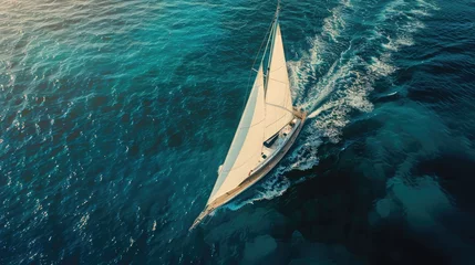Deurstickers Sailing ship yachts with white sails at opened sea. Aerial - drone view to sailboat in windy condition. © buraratn