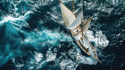 Sailing ship yachts with white sails at opened sea. Aerial - drone view to sailboat in windy condition. - obrazy, fototapety, plakaty