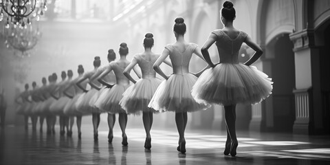 Ballet dancers in a row. Ballerina in a white tutu and pointe shoes.