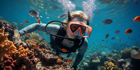 Man scuba diver underwater in coral reef with fishes and corals