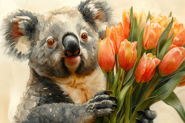 A watercolor painting of a koala holding a bouquet of red tulips, set against a postcard background with copy space