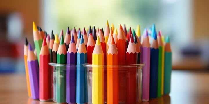 Colorful pencils in glass vase on wooden table in classroom
