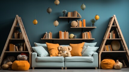 Empty children's library reading area, shelves of books, cozy cushions and fun decor, symbolizing the importance of reading and learning in child development, P