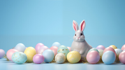  A vibrant arrangement of Easter bunny ears surrounded by pastel-colored eggs on a soft sky backdrop, inviting festive joy