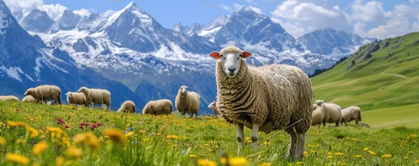 Foto op Plexiglas A herd of sheep grazes on green wild meadow © Filip