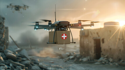 Fototapeta na wymiar Medical aid drone embarks on sunrise mission in war-affected village.