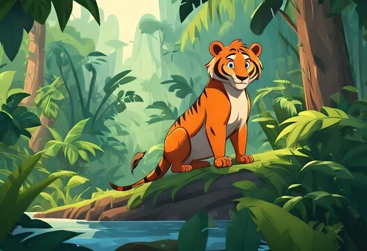 tiger on the tree, Cartoon Liger in the jungle, Funny pet animals