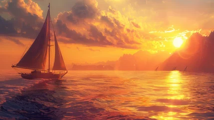 Zelfklevend Fotobehang Yacht sailing towards the sunset © buraratn