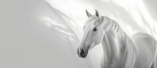 Majestic white horse standing gracefully in front of a pristine white wall