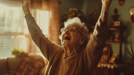 Fototapeta na wymiar Waist-up shot of happy elderly woman with hands in the air, joyful expression