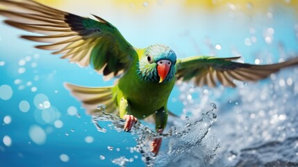 The vibrant blue parakeet gracefully soars above the glistening water's surface, creating ripples as it glides through the air.