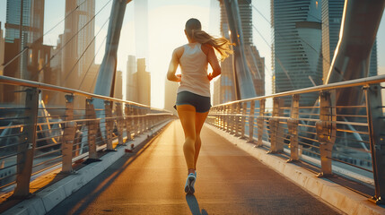 Young woman jogging at city bridge, healthy lifestyle and sport concept - obrazy, fototapety, plakaty