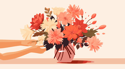 Abstract shop owner's hands arranging flowers in a vase  symbolizing florist services. simple Vector art