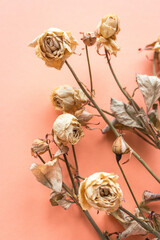 Dried flowers on peach fuzz color background. Withered mini roses with copy space. Sad love concept. Memories of love. Nostalgia concept. Romantic lifestyle. Dying flowers. Dead bouquet. 