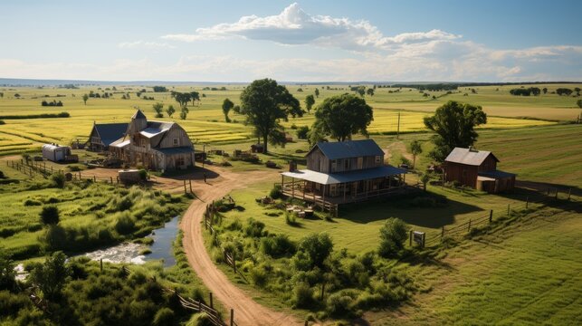 An aerial view of a rustic homestead, the patterns of fields, barns, and fences painting a picture of rural industry and community, the landscape a blend of nat