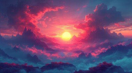 fantasy scene depicting silhouettes of mythical creatures on the horizon of misty mountains, with the rising sun creating a backdrop of vibrant colors and magic