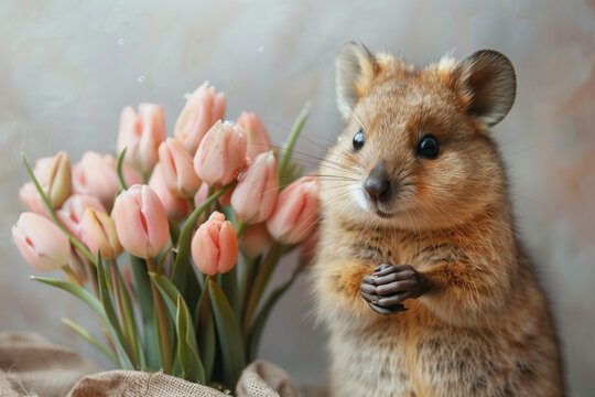 quoka looking at flowers, peach tulips