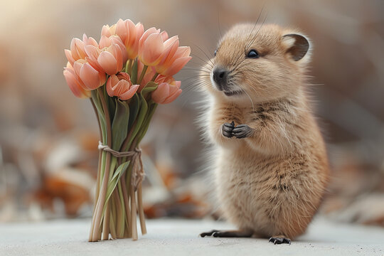 quoka looking at flowers, peach tulips