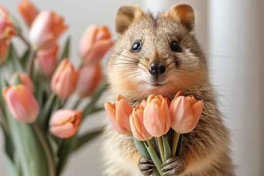 quoka holding flowers, peach tulips