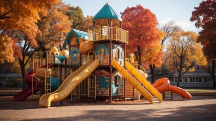 Empty children's playground in a park, colorful equipment, trees with autumn leaves, focusing on the importance of play and relaxation areas in city life, Photo - obrazy, fototapety, plakaty