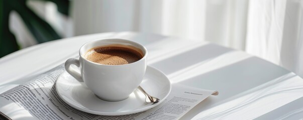 Cup of coffee in white cup on table with white blanket. Coffee theme.