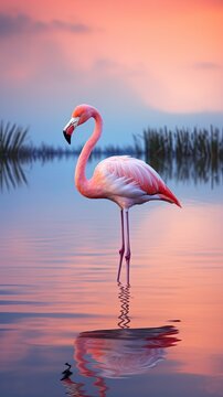 A pink flamingo standing in a body of water