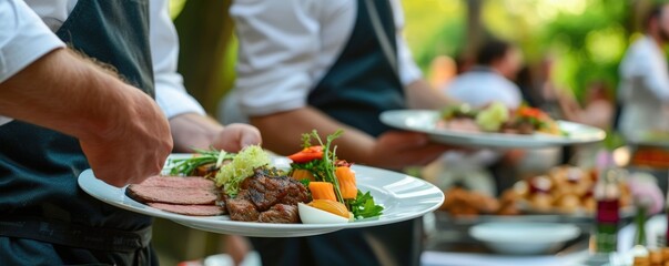 Obraz premium Waiter carry plate with steak meat or fresh dish on wedding ceremony.