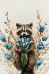 Raccoon holding bouquet of flowers painting. Perfect for springtime or special occasions like International Women's Day. Postcard with copy space