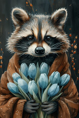 Raccoon holding bouquet of flowers, blue tulips. Perfect for springtime or special occasions like International Women's Day. 