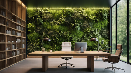 CEO's office interior decorated with vertical garden, modern eco friendly office, go green, modern office interior design