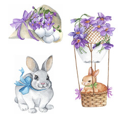 vector watercolor easter collection bunnies and egg flower bouquet