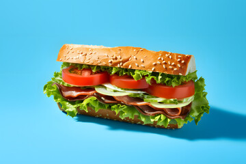Flat Lay Photo of Delicious sandwich, Isolated on Vibrant Bright Blue Background.